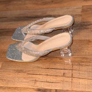 Silver Heels with Glittery Finish and Transparent Medium Heel